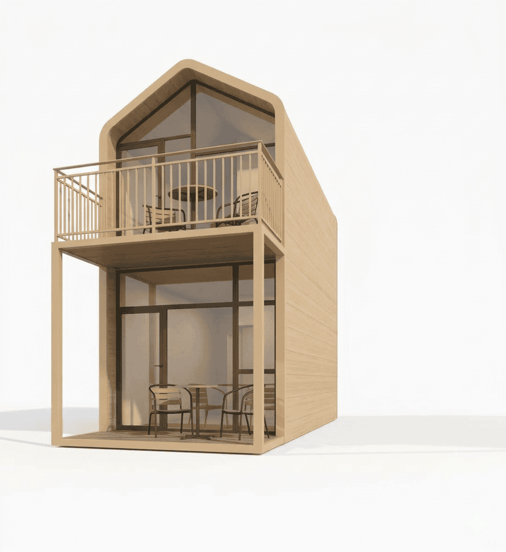 Casa de madera moderna con balcón y grandes ventanales para espacios sostenibles.