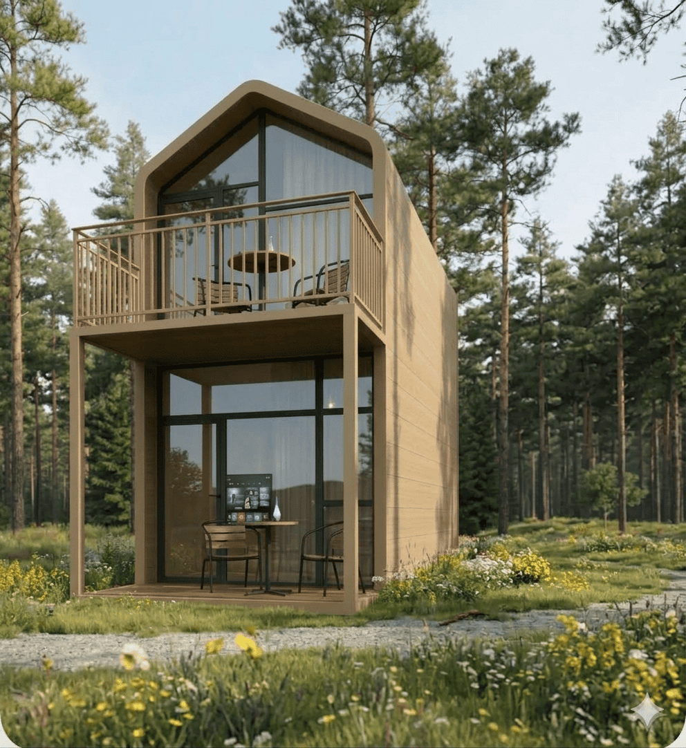 Casa moderna de dos plantas en entorno natural con balcón y grandes ventanales.